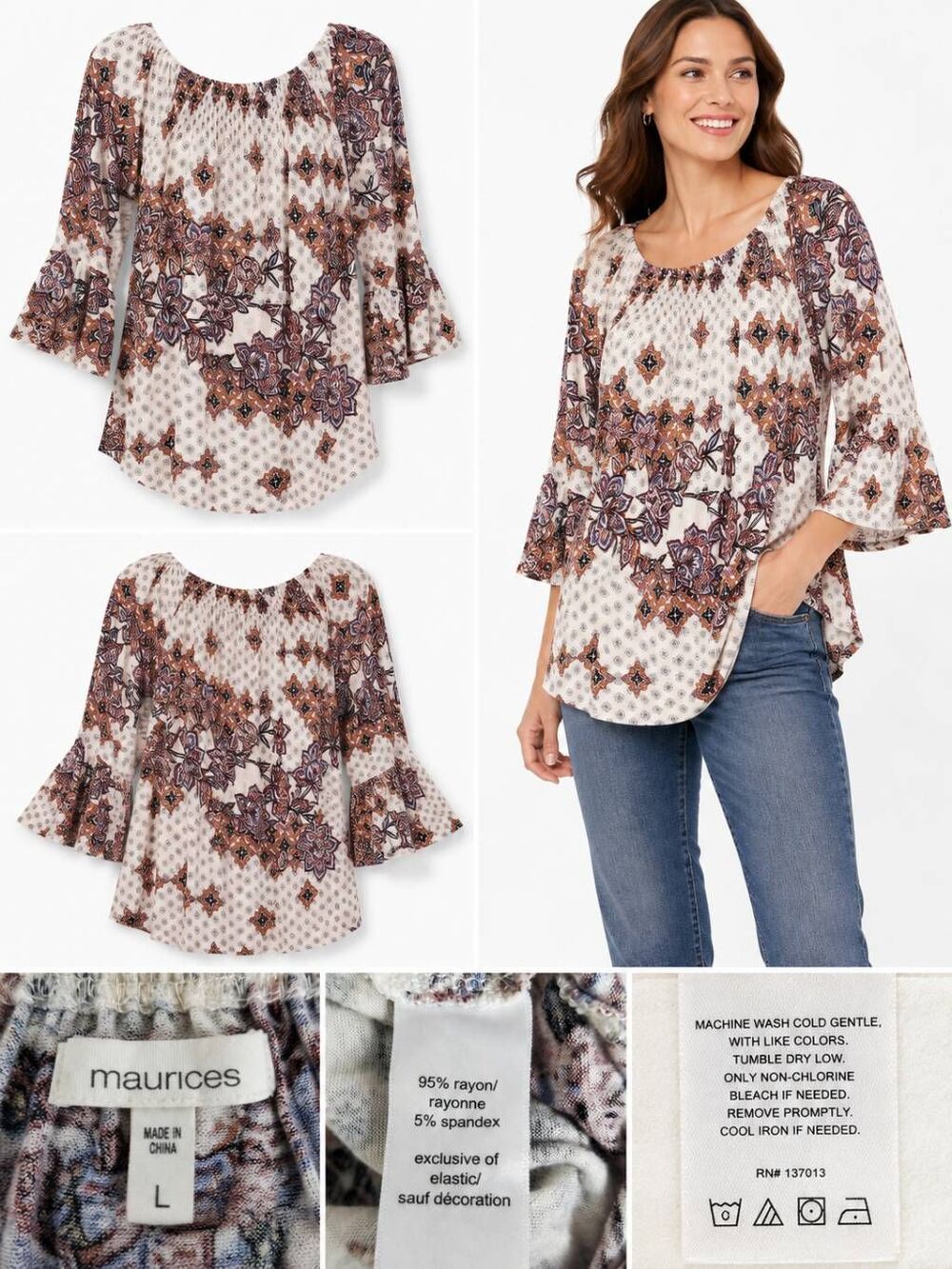 Maurices L Boho Floral Peasant Top 3/4 Sleeve Stretch Scoop Neck Geometric